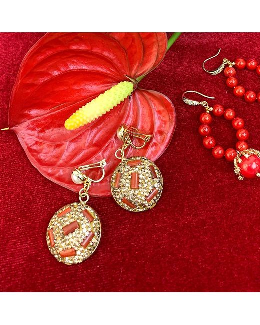 Farra Rhinestones Bordered Corals Clip Earrings