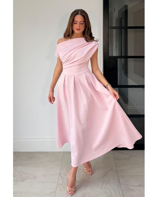 Girl In Mind Pink Betty Asymmetric Neckline Skater Midi