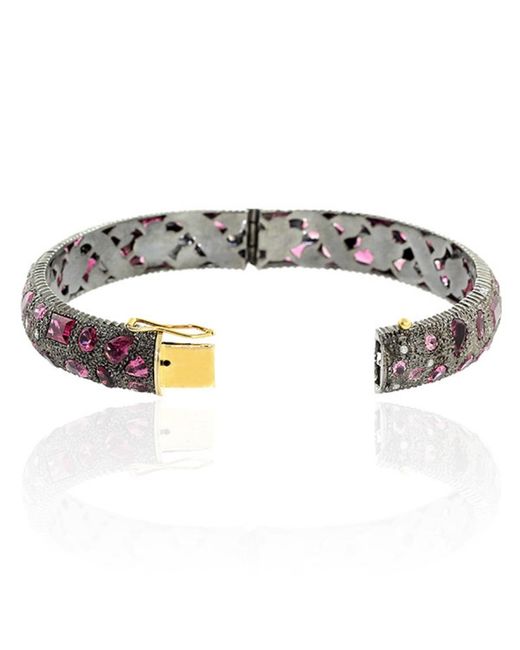 Artisan Purple Diamond With Pink Tourmaline Gemstone In 18k Solid Yellow Gold & Silver Designer Bangle