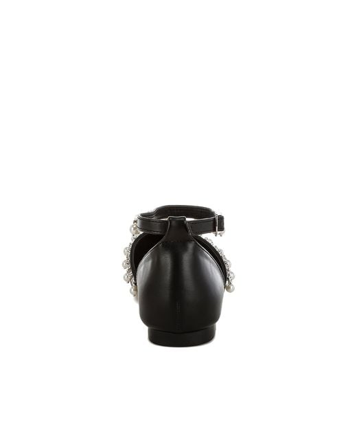 Rag & Co Black Aouva Rhinestone & Pearl Ankle Strap Flat Sandals
