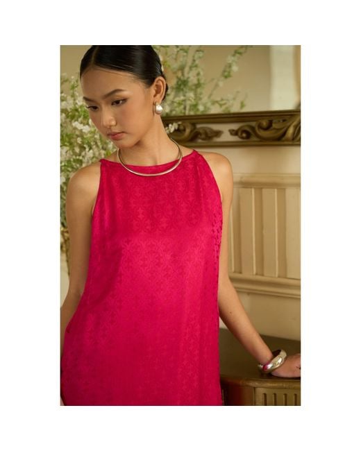 Silk and Bears Pink Aurora Fuchsia Damask Hand-Dyed Silk Jacquard Maxi Dress
