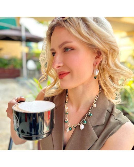 Farra White Baroque Pearl With Malachite Round Stone Earrings
