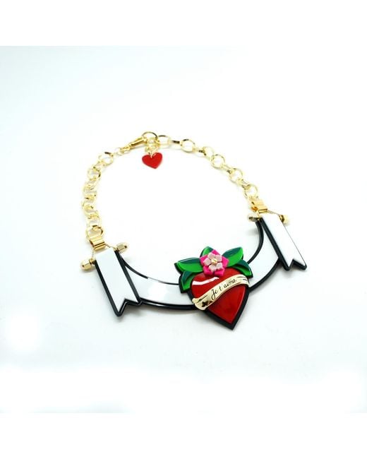 Gissa Bicalho Red Handmade Acrylic Necklace Ribbon & Heart