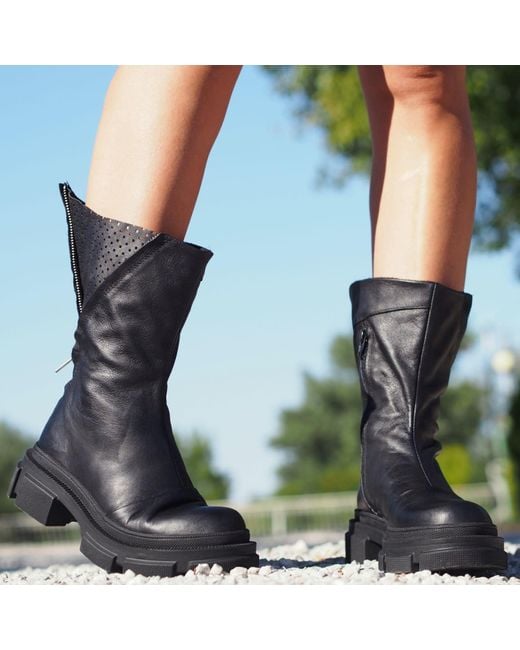 Adrenaline Fashion Blue Leather Perforated Ankle Boots – Handmade Designer Shoes, Chunky Sole, Modern Edgy Style