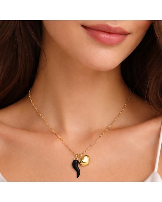 Unaloe Metallic Vermeil Enamel Cornicello Necklace With Heart Charm – Handmade Italian Good Luck Symbol