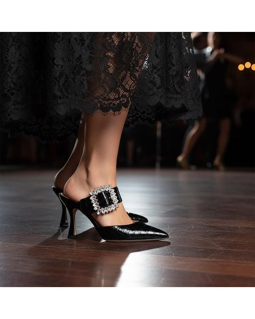 Beautiisoles by Robyn Shreiber Made in Italy Black Georgina Croc Leather Mule Sexy & Dressy Comfortable For Valentine Evening & Party With Rhinestones