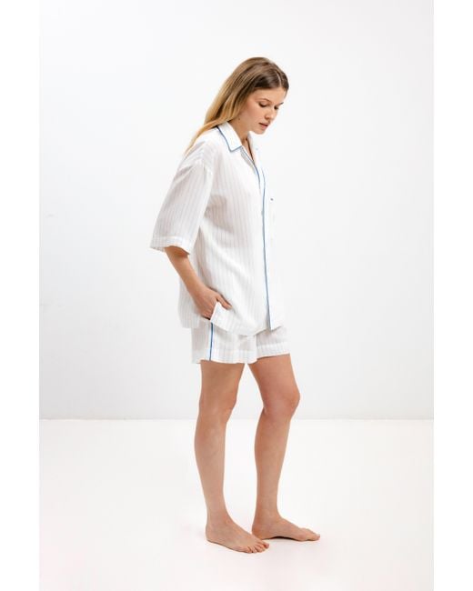 InAvati White Pyjama Shirt With Stripes And Short Sleeves