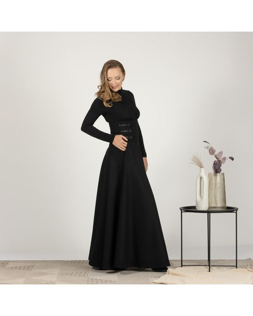 Nikka Place Black Wool Floor Length Skirt With Hight Waist & Front Buttons