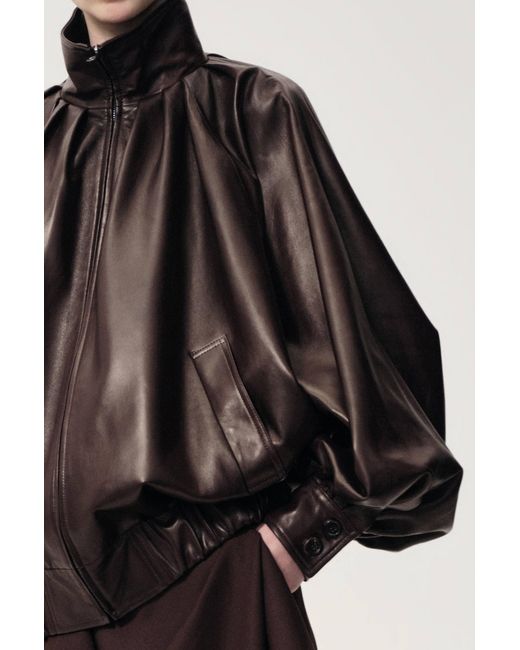 FRONT ROW SHOP Black Soft Pleated Balloon Leather Jakcet Dark
