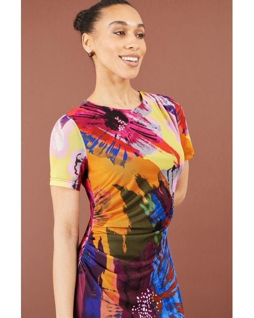 Yumi' Blue Multicolour Abstract Floral Mesh Midi Dress