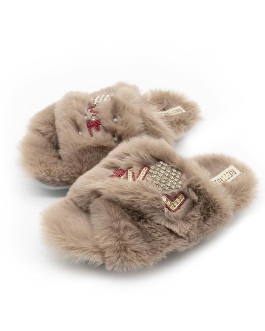 Rettrose Natural Neutrals Valentina Luxury Plush Diamanté Embellished Handmade Slipper