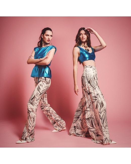 Imaatu Natural Neutrals Sande Palms Butter Sustainable Viscose High-Waist Wide-Leg Palazzo Trousers With Pockets Tropical Print
