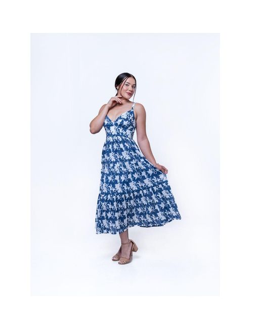 House of Gl Blue Elira Cotton Sweetheart Neckline Midi Dress With Smocked Back