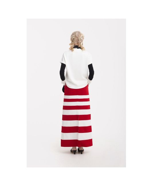 Julia Allert Red Contemporary Striped A-Line Skirt, Floral Detail–