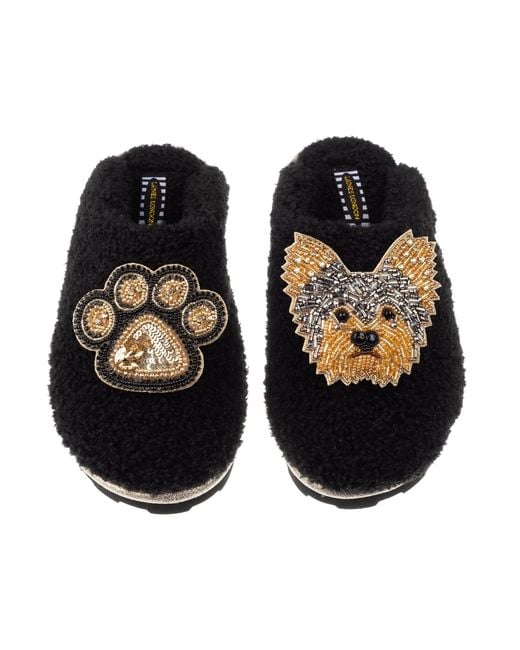 Laines London Black Teddy Towelling Closed Toe Slippers With Minnie Yorkie & Paw Brooches