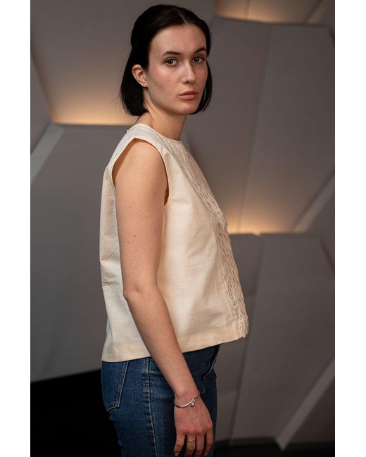 Stovaria Green Hand-Stitched Cotton Panel Statement Sleeveless Top