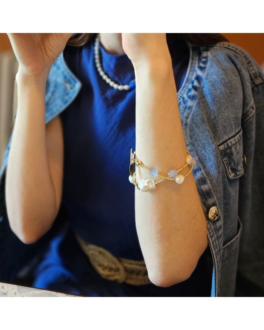 Farra Blue Irregular Aquamarine With Baroque Pearls Double Layers Bracelet