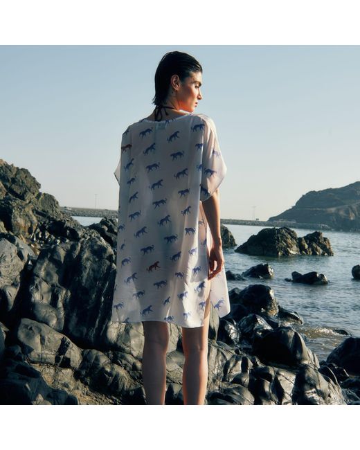 DHARA SHETH DUBAI Blue Leopard Luxe Sheer Short Kaftan Dress