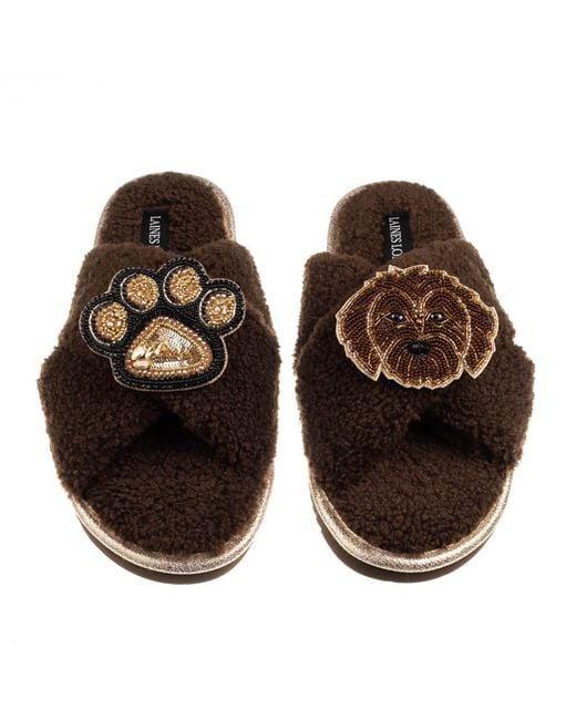 Laines London Brown Neutrals Boucle Slippers With Paw & Chocolate Cockapoo Brooches