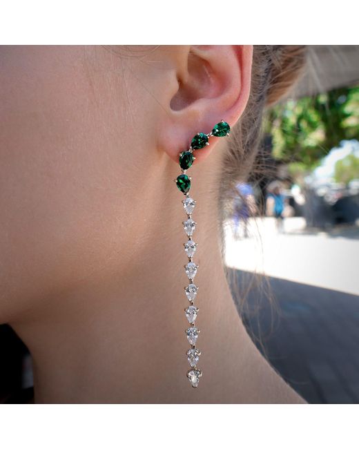 SALLY SKOUFIS Metallic Cascade Drop Earrings With Made Emeralds & Cz Diamond Stimulant