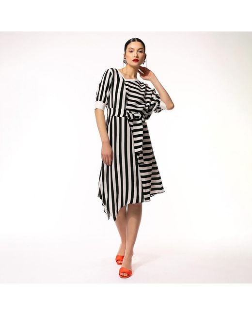 Larisa Dragna Black Asymmetric Midi Stripe Dress