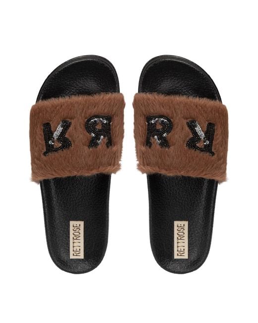Rettrose Black Truvi Chocolate Luxury Plush Diamanté Embellished Handmade Sliders