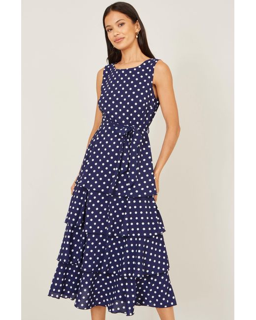 Yumi' Blue Spot Tiered Midi Dress