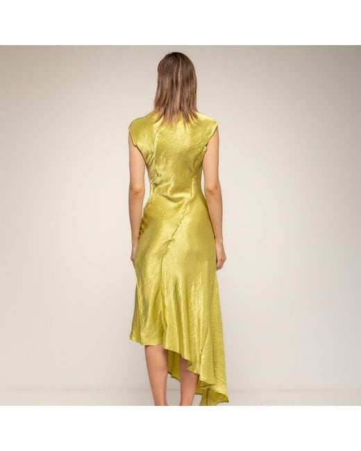 Tantra Spain Sl Yellow Midi Dress With A Silk-Textured Boat Neckline And An Asymmetrical Hem