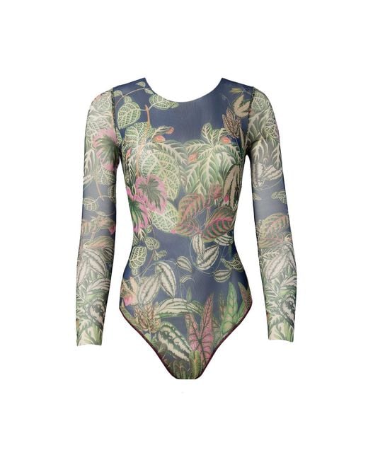 Rodasoleil Smart Swimwear Blue Tan-Through Mesh One-Piece Swimsuit With Sleeves Botanicum