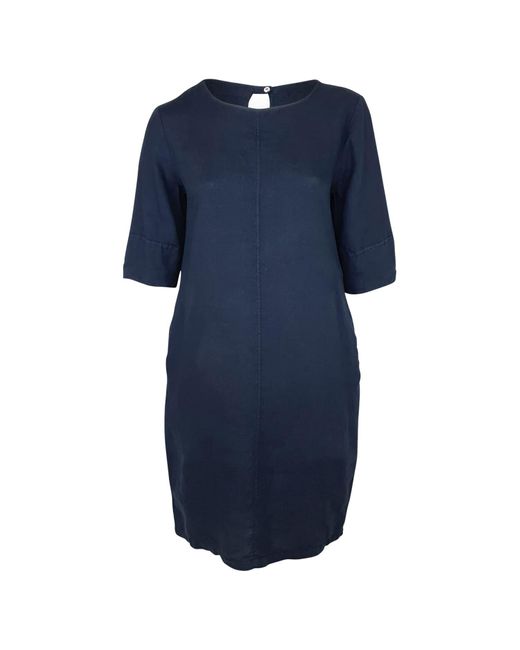 Haris Cotton Blue Keyhole Neckline Midi Linen Dress With 3/4 Sleeve Marine
