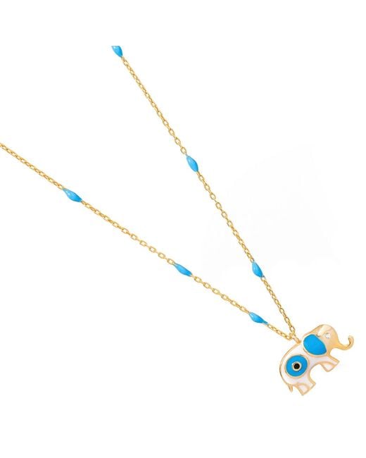 Ebru Jewelry Metallic Wishful Elephant & Evil Eye Enamel Pendant Chain Necklace
