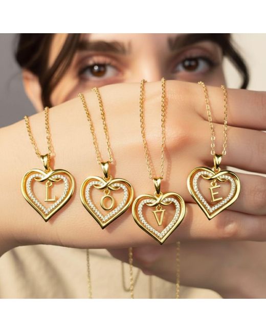 Harfi Metallic Statement Love Heart Initial Necklace Plated Charm Necklace