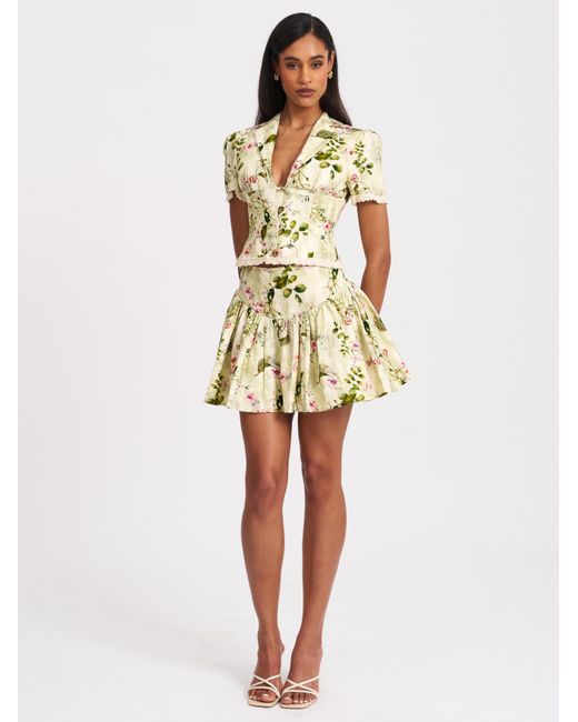 Miss Circle New York Green Zanella Floral Print Lace Trim Linen Top