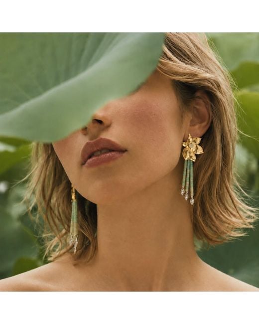 Aurozia Yellow Lotus Within Plated Detachable Blooming Lotus Drop Amazonite Tassel Earrings