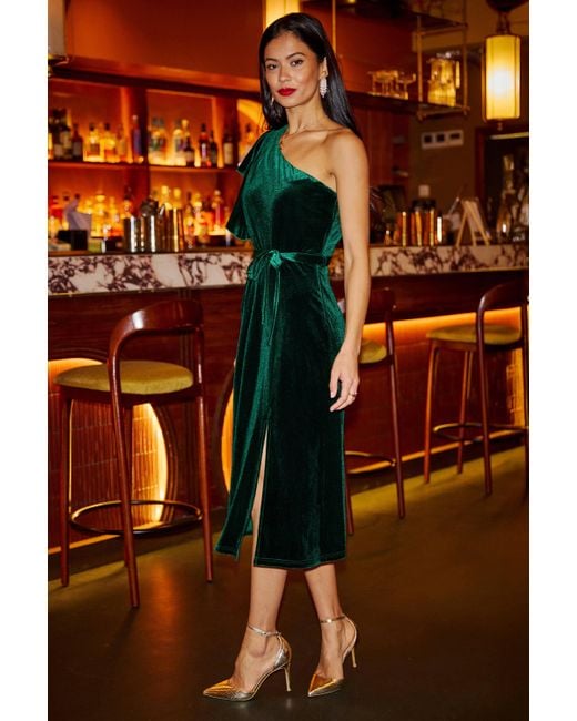 Yumi' Green Velvet Frill One Shoulder Midi Dress With Split Hem