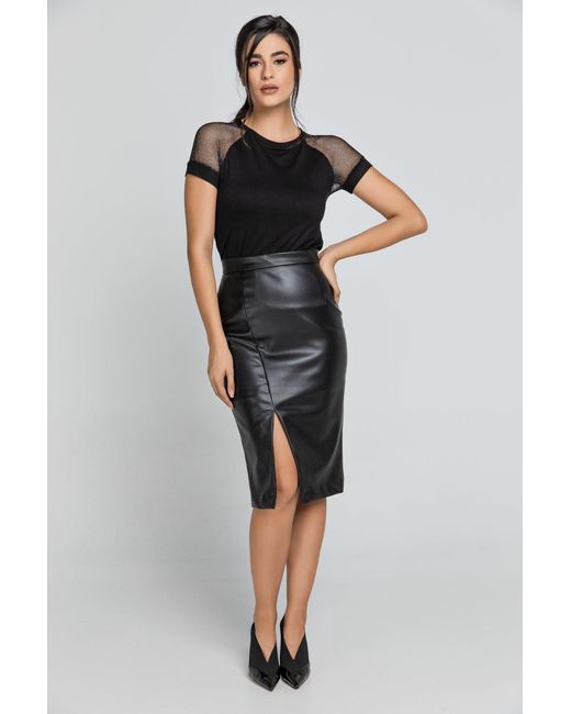 Conquista Black Faux Leather Pencil Skirt By Fashion