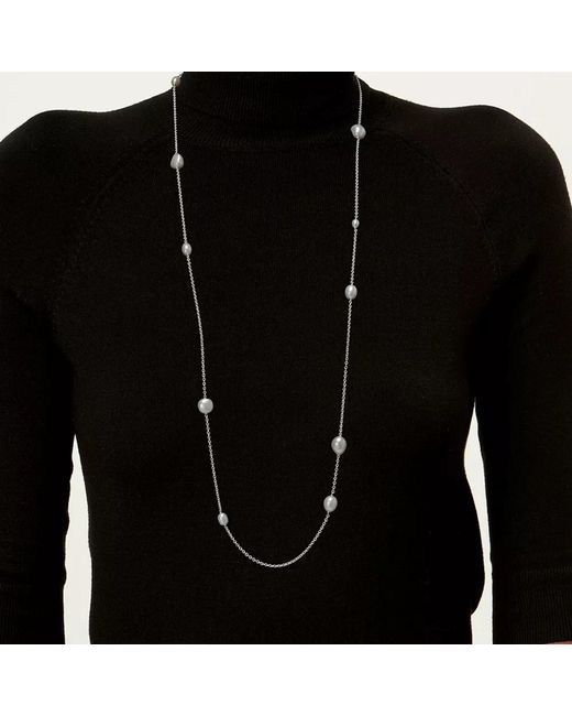 Unaloe Metallic Sterling Long Pearl Necklace With Mixed Natural Freshwater Pearls – Layered Statement Jewelry For