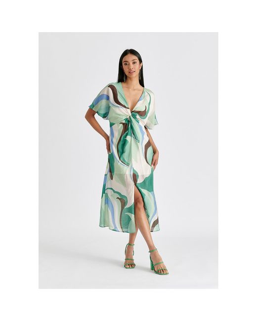 Paisie Green Retro Wave Midi Dress With Twist Detail