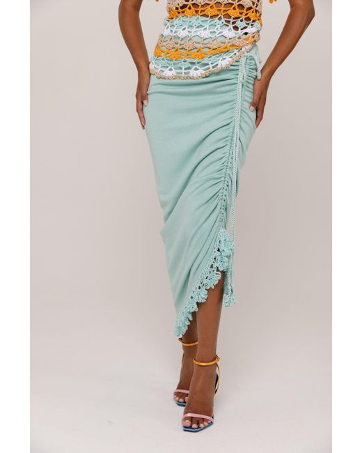 Andreeva Green Mint Carnation Knit Skirt With Handmade Embroidery