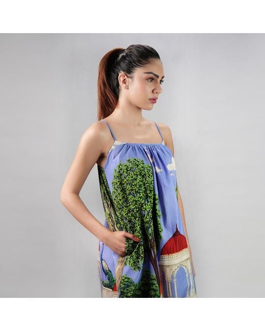 DHARA SHETH DUBAI Blue Saanjh Heritage Art Print Spaghetti Strap Cotton Maxi Dress
