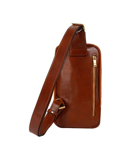 Time Resistance Brown Cognac Leather Sling Bag Chest Bag for men