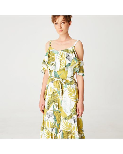 Smart and Joy Yellow Tropical Printed Trapeze Dress With Ruffles And Thin Straps