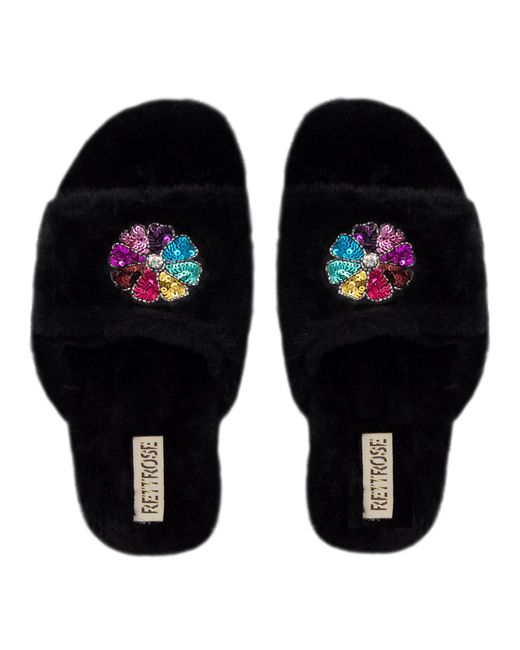 Rettrose Black Marnie Luxury Plush Diamanté Embellished Handmade Slipper
