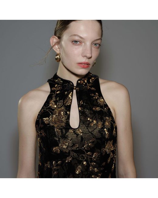 Belsize25 Black Golden Garden And Velvet Beaded Floral Halterneck Mini Dress