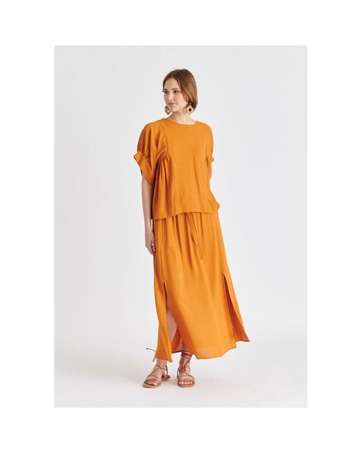 Paisie Orange Side Splits Midi Skirt With Drawstring