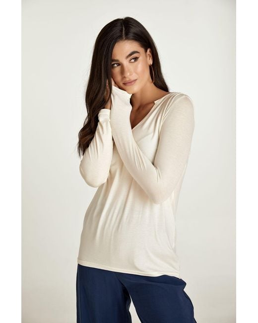 Conquista White Neutrals Cream Jersey V Neck Top
