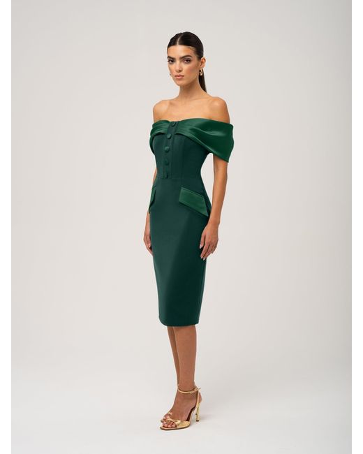 Tia Dorraine Green Steel Confidence Off-Shoulder Midi Dress, Dark