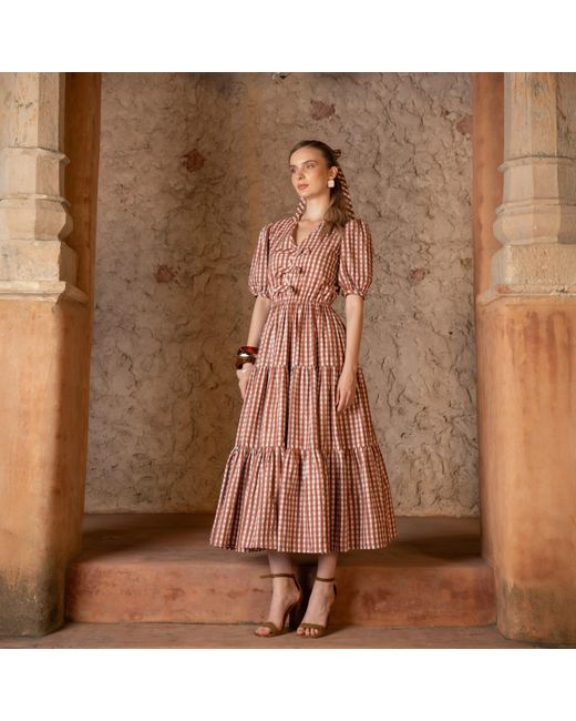 Echo of Pink Red Charlotte Gingham Hand Block Print Cotton Midi Dress