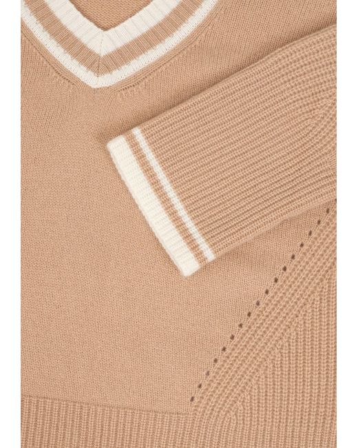 Loop Cashmere Natural Neutrals Striped Tipped V Neck Lofty Sweater