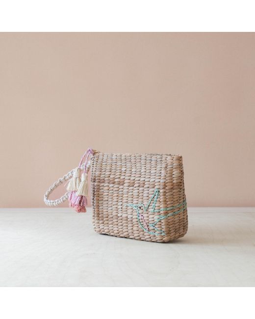 LIKHÂ Brown Neutrals Handwoven Seagrass Hummingbird Wristlet Pouch With Tassels
